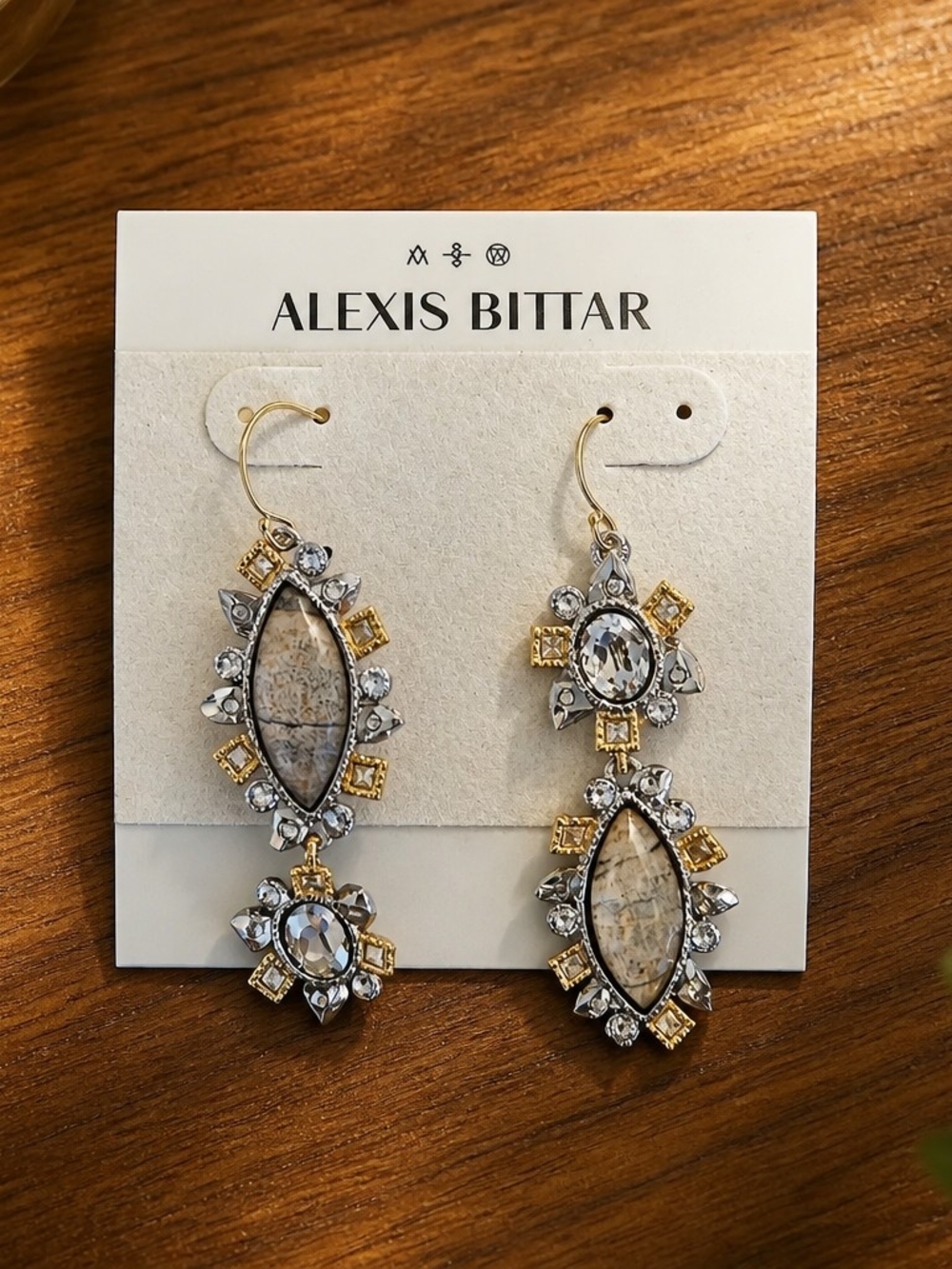 Alexis Bittar Gold and Cream Crystal Drop Earrings